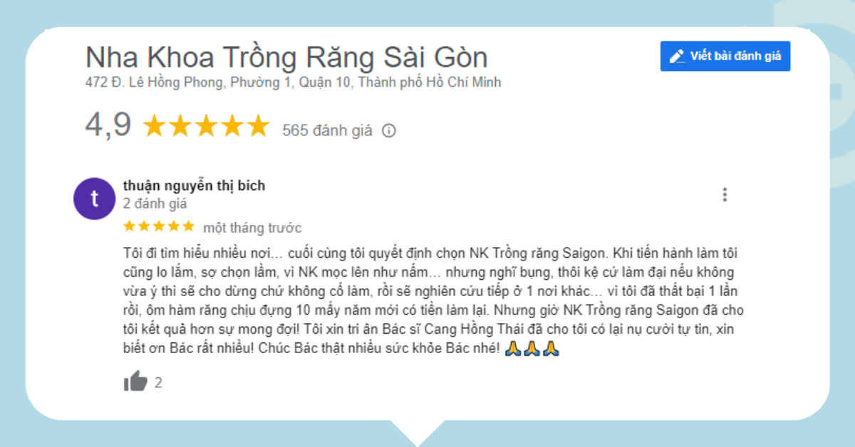 Phản hồi tích cực của khách hàng về Nha khoa Trồng răng Sài Gòn